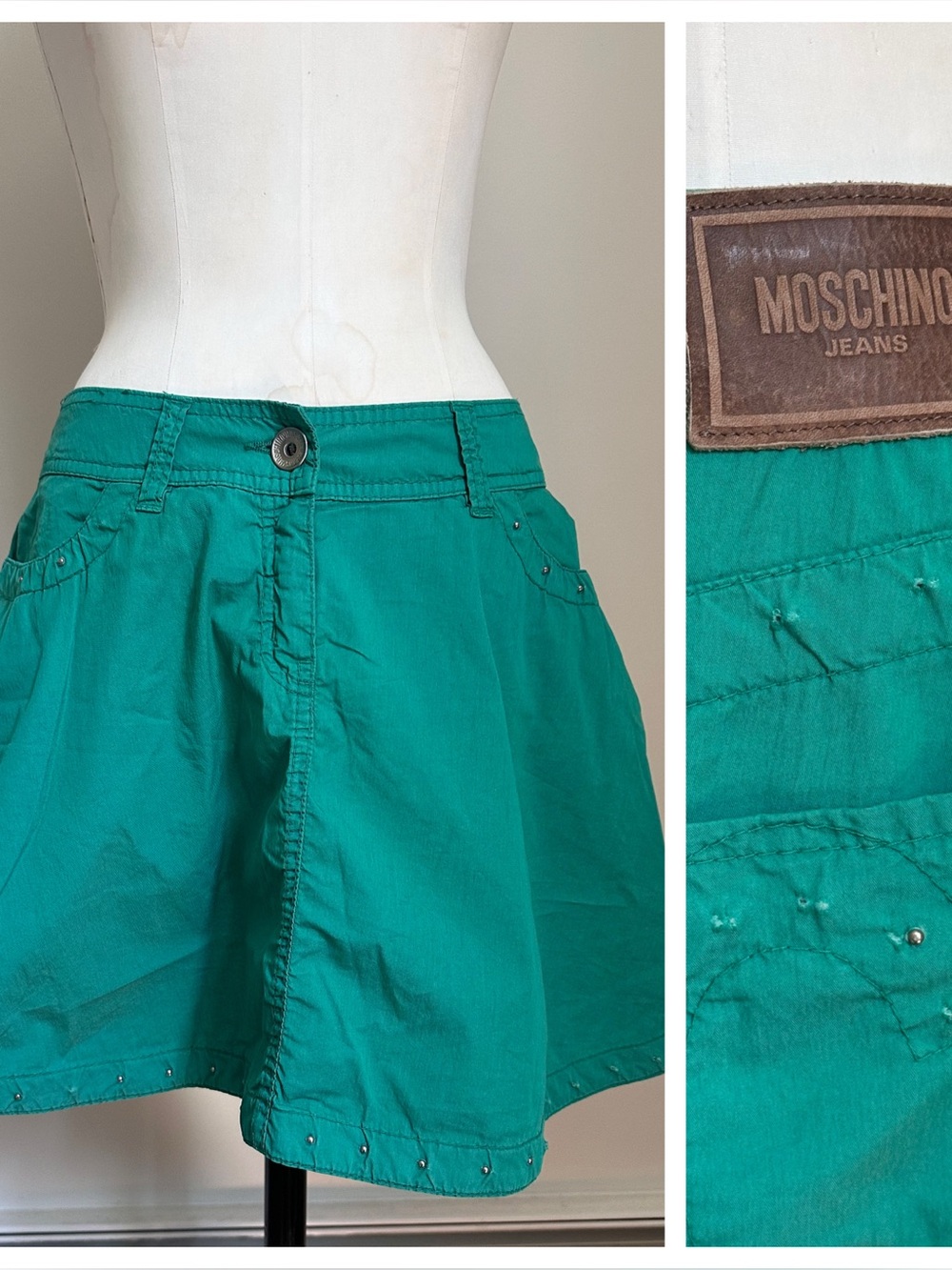 Vintage Moschino Jeans Y2K Kelly Green Skirt Studded Hearts Cotton Size 8 Medium